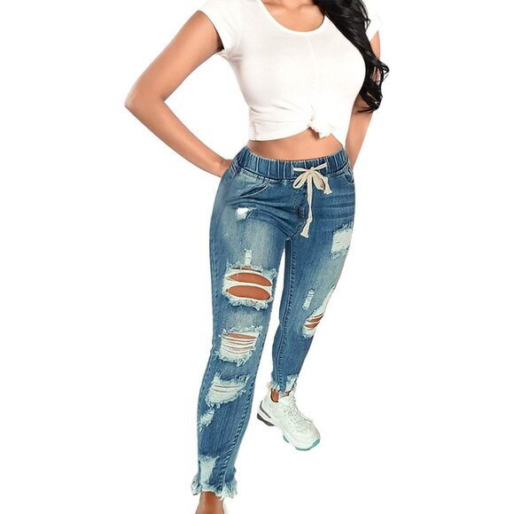 Women High Waist Skinny Ripped Denim Jeans Plus Size Button Closure - Picture 3 of 5